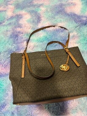 Michael Kors Dark Brown Signature Tote with Gold MK Charm